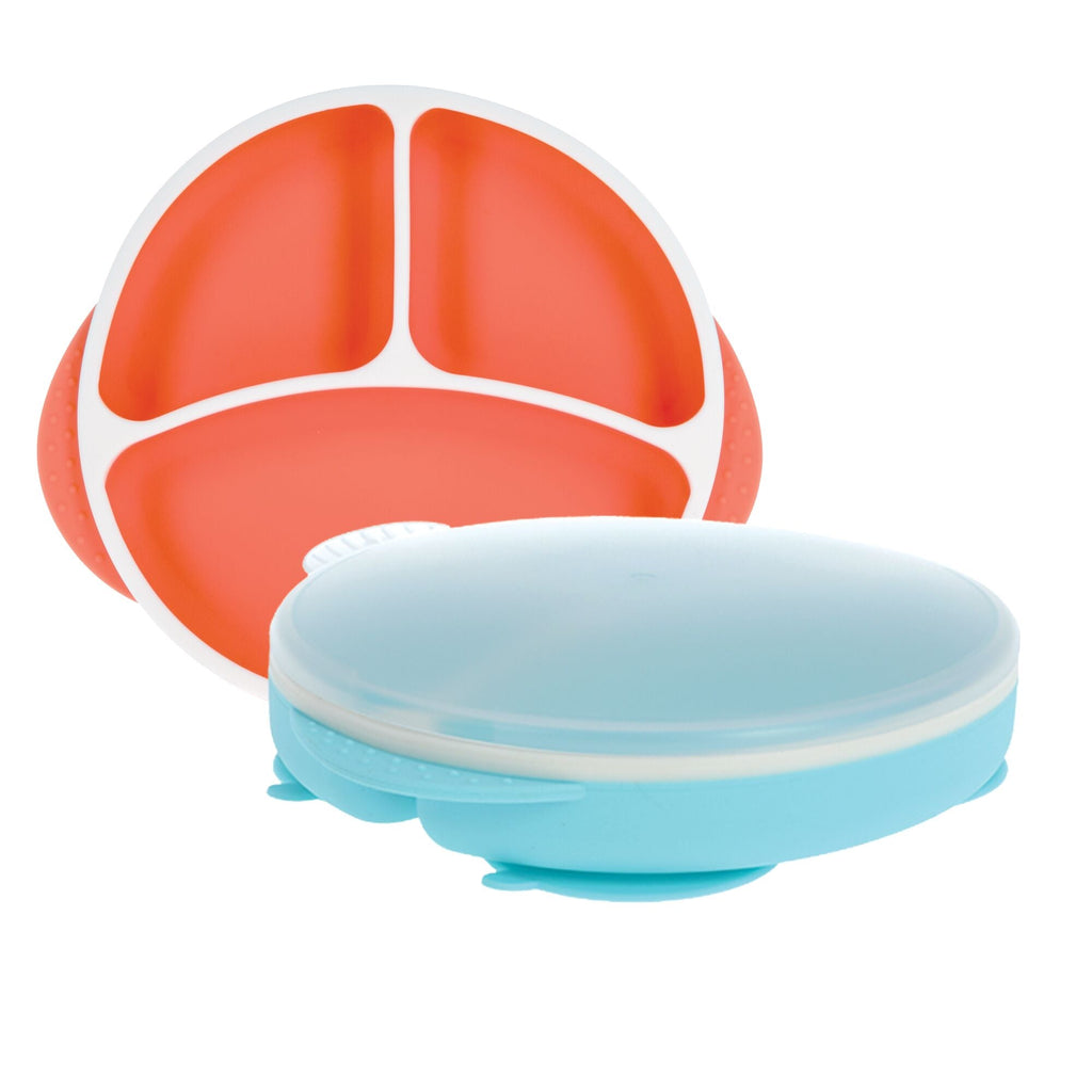 Round Silicone Suction Plate & Lid (2 Pack) | Orange / Aqua