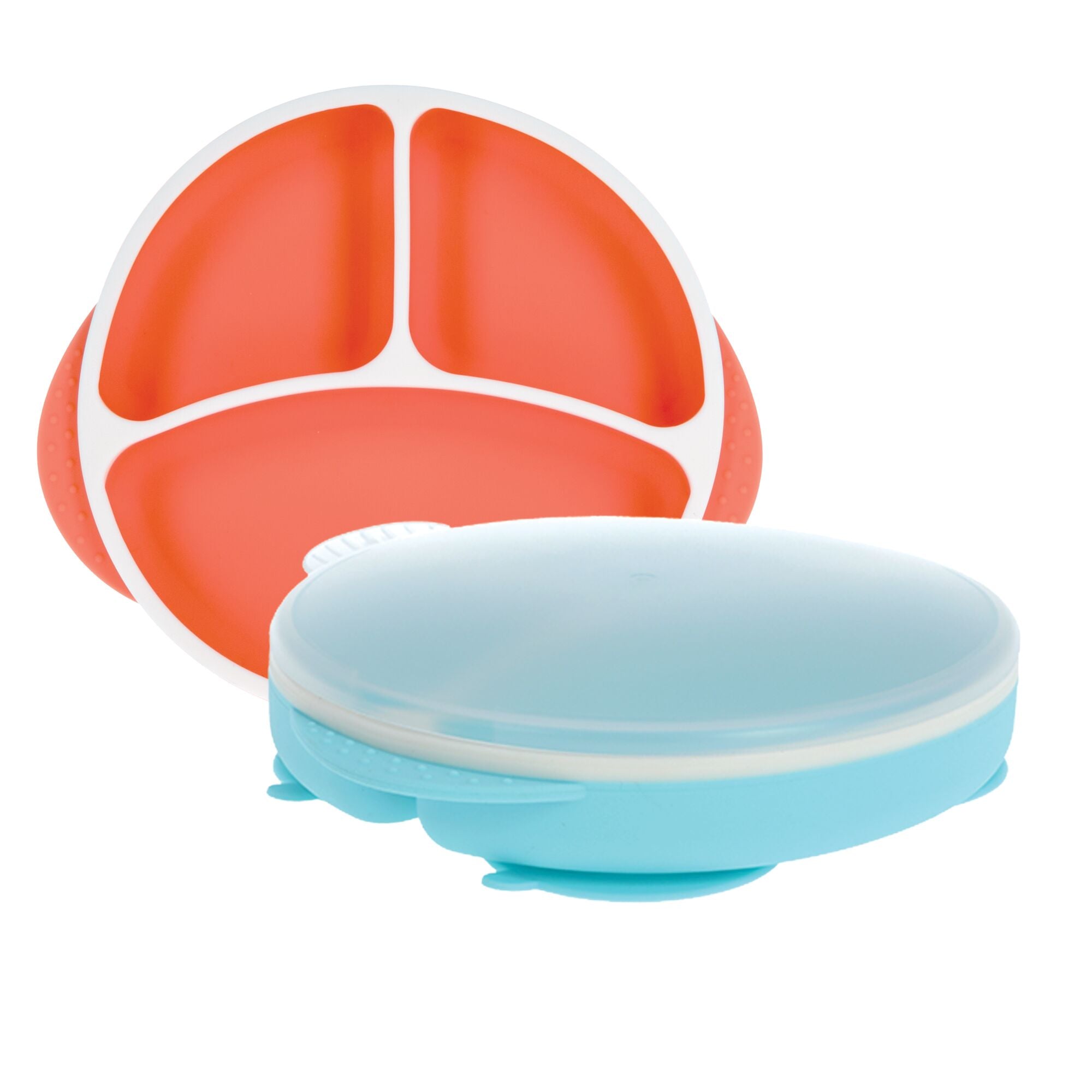 Round Silicone Suction Plate & Lid (2 Pack) | Orange / Aqua